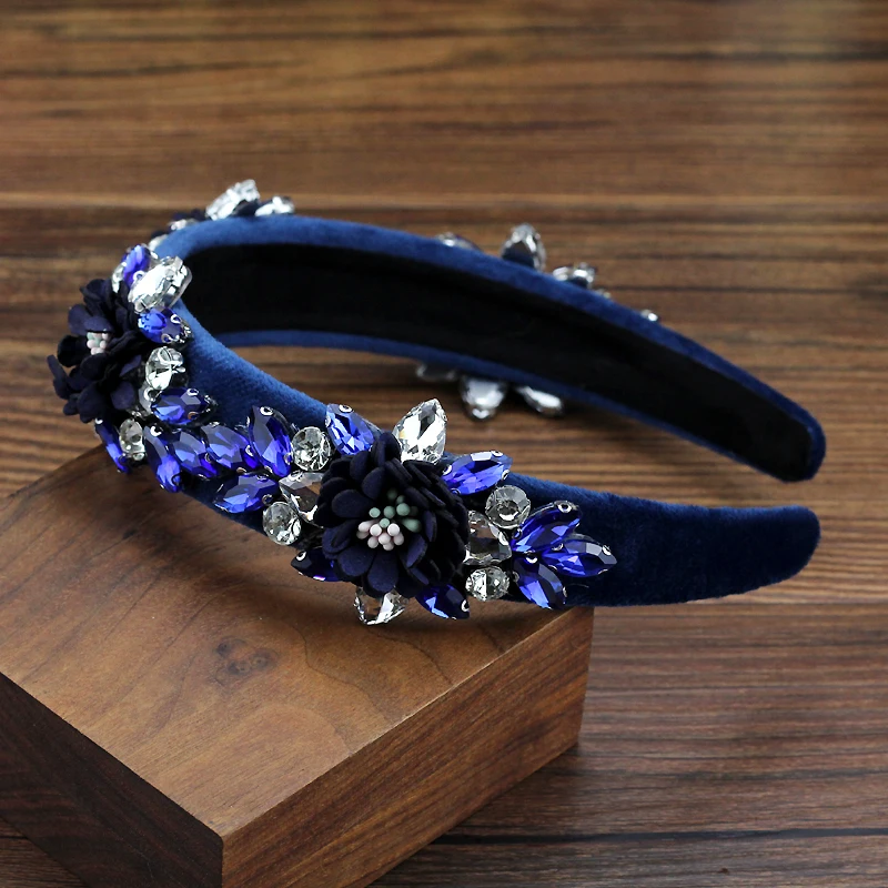 Handmade Gorgeous Navy Red Crystal Flower Headbands Luxury Rhinestone Women Bohemian Hairbands For Wedding Party