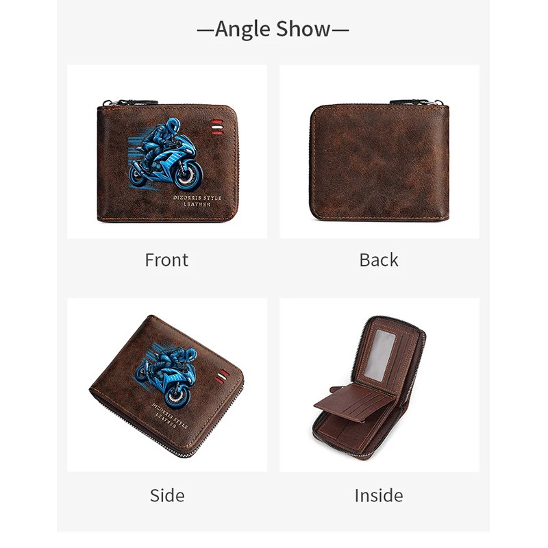 Men's Vintage Motorcycle Motif Bifold Wallet Short Zipper Wallets Slim Classic Coin Pocket Holder Card Holder Daily Use Bag Gift