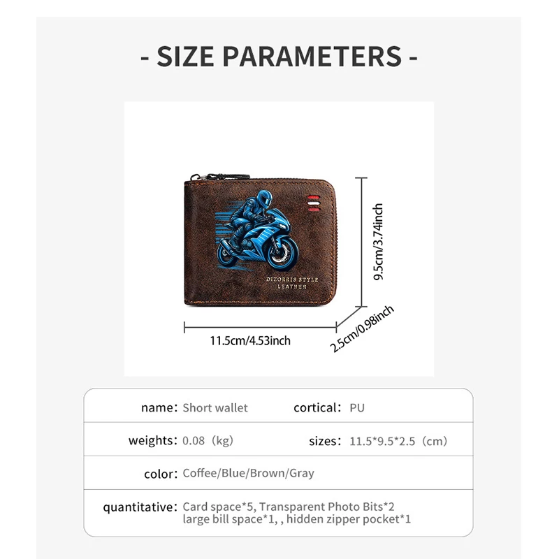 Men's Vintage Motorcycle Motif Bifold Wallet Short Zipper Wallets Slim Classic Coin Pocket Holder Card Holder Daily Use Bag Gift