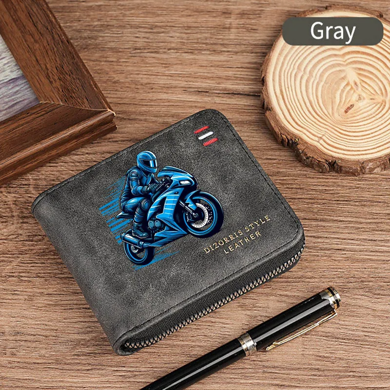 Men's Vintage Motorcycle Motif Bifold Wallet Short Zipper Wallets Slim Classic Coin Pocket Holder Card Holder Daily Use Bag Gift