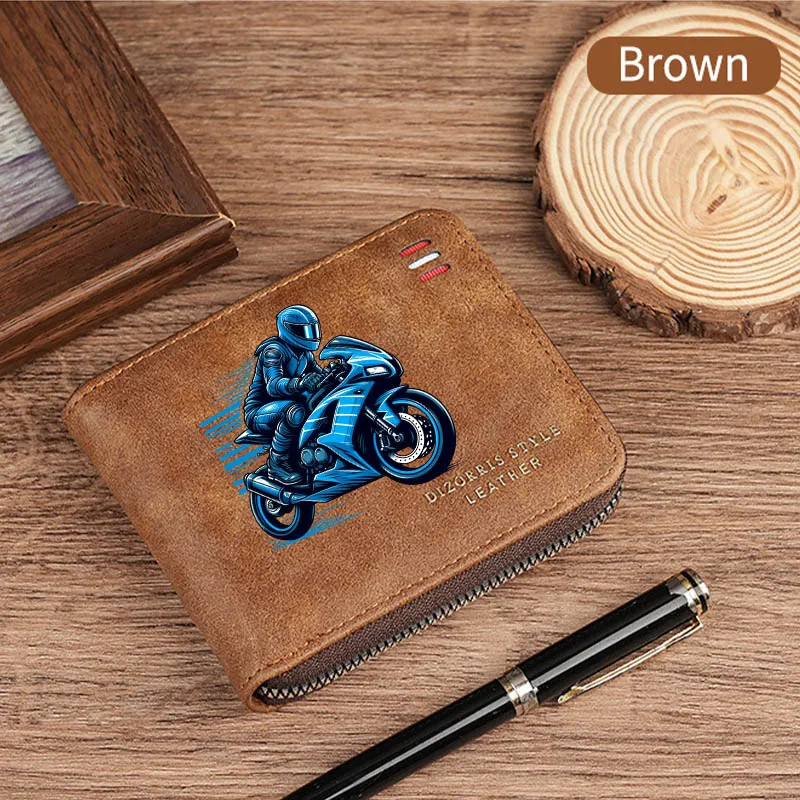 Men's Vintage Motorcycle Motif Bifold Wallet Short Zipper Wallets Slim Classic Coin Pocket Holder Card Holder Daily Use Bag Gift