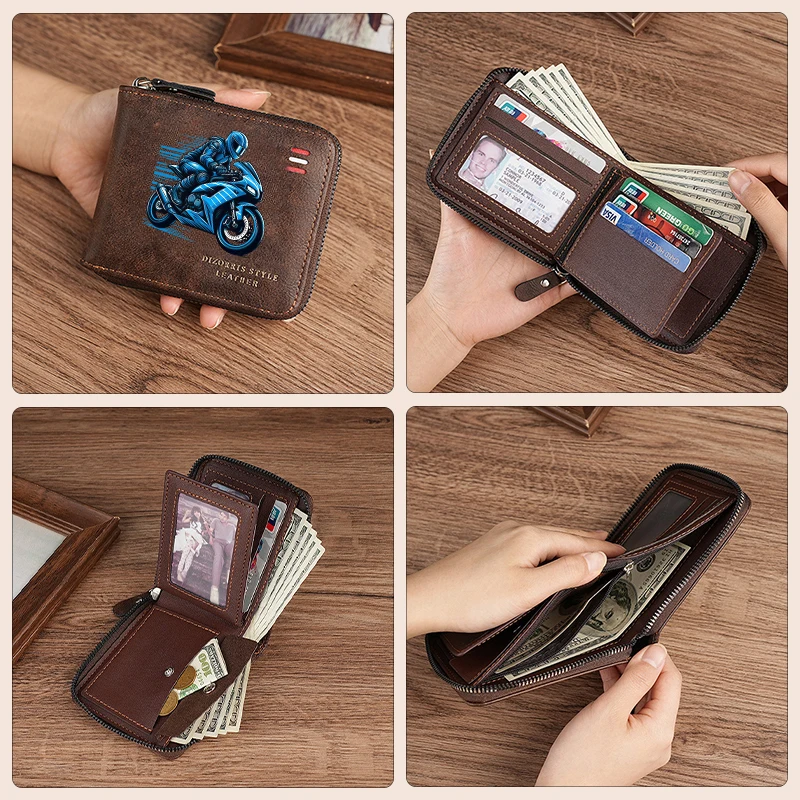 Men's Vintage Motorcycle Motif Bifold Wallet Short Zipper Wallets Slim Classic Coin Pocket Holder Card Holder Daily Use Bag Gift