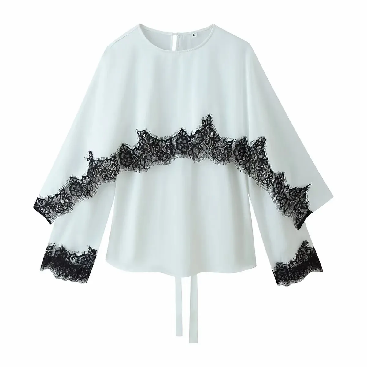 Women Elegant Lace Splice Contrast Shawl Top Women Chic Full Sleeve Cinched Waist Round Neck Blouse Female Daily Date Shirt