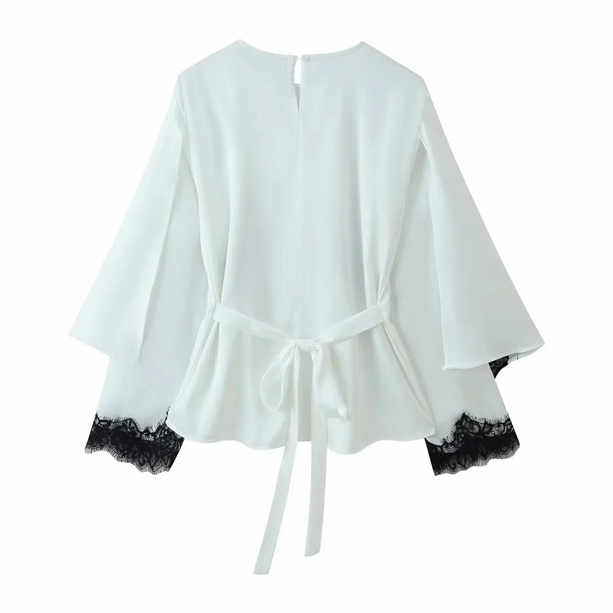 Women Elegant Lace Splice Contrast Shawl Top Women Chic Full Sleeve Cinched Waist Round Neck Blouse Female Daily Date Shirt