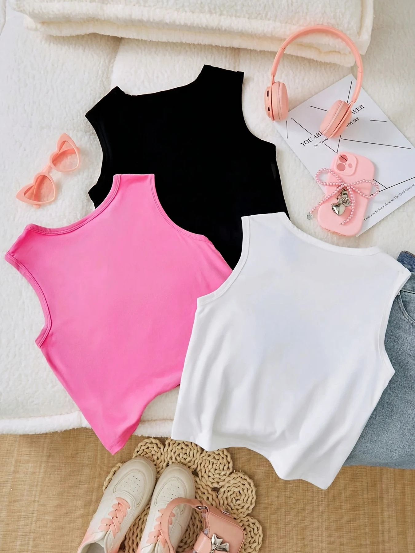 Kids Girls 3-Pack Bow & Text Print Sleeveless Crop Tank Tops Casual Summer Streetwear Outfit