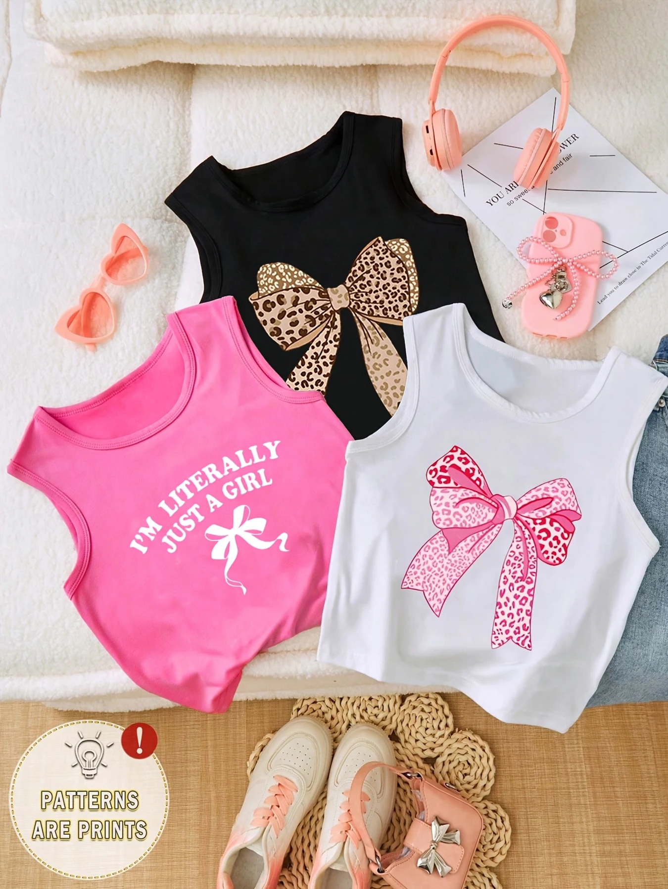 Kids Girls 3-Pack Bow & Text Print Sleeveless Crop Tank Tops Casual Summer Streetwear Outfit