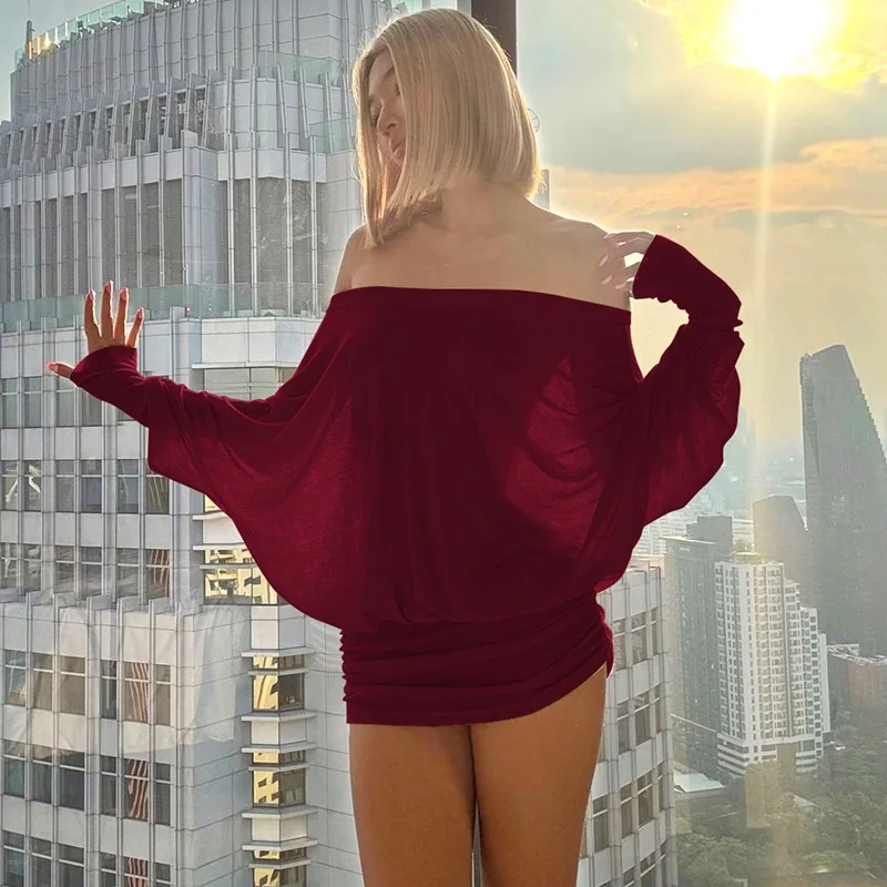 Fashion Spring Summer Women's Sexy Solid Color Elegant Casual Skirt Irregular Bare Shoulder Sexy Mini Short Dress Party Clubwear