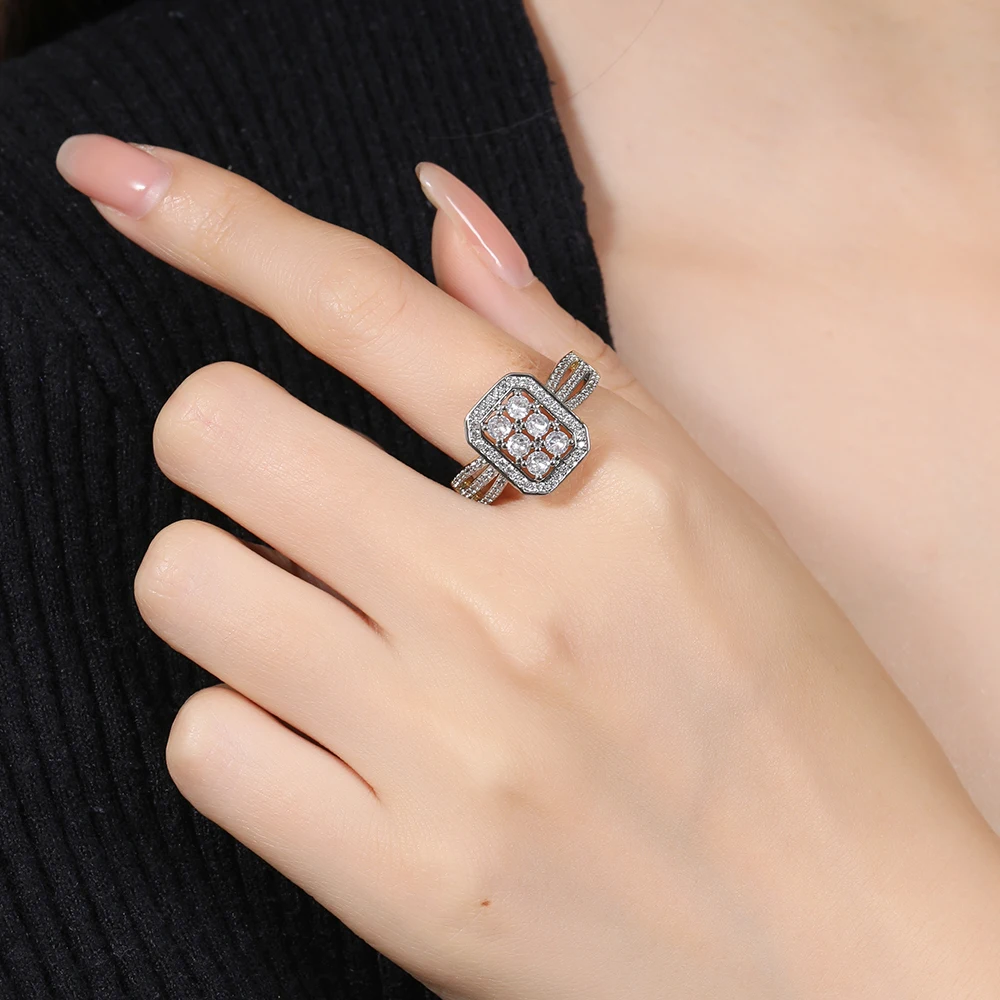 Square vintage zircon earrings and ring set copper plated 14K gold fashion jewelry banquet wedding accessories gift
