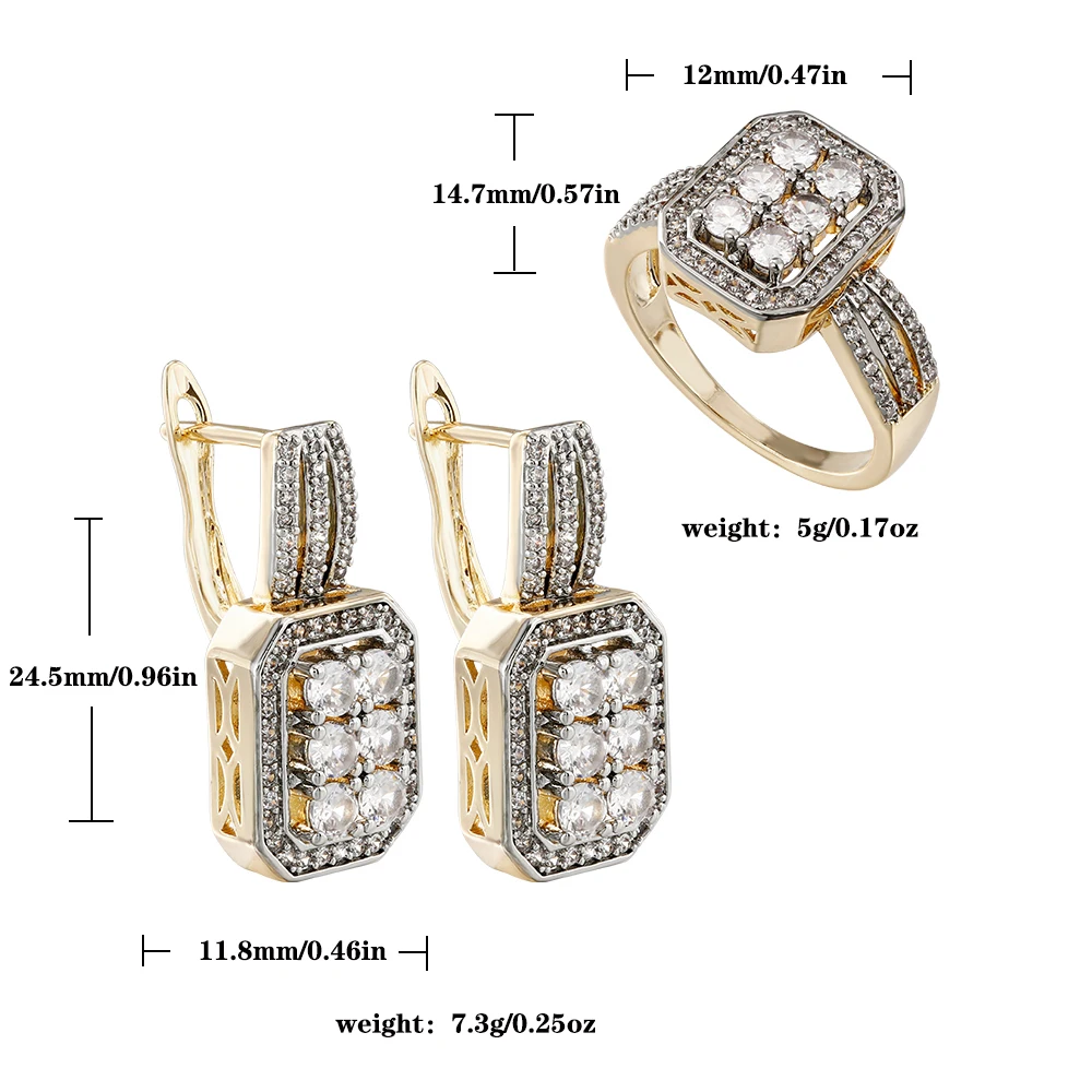 Square vintage zircon earrings and ring set copper plated 14K gold fashion jewelry banquet wedding accessories gift