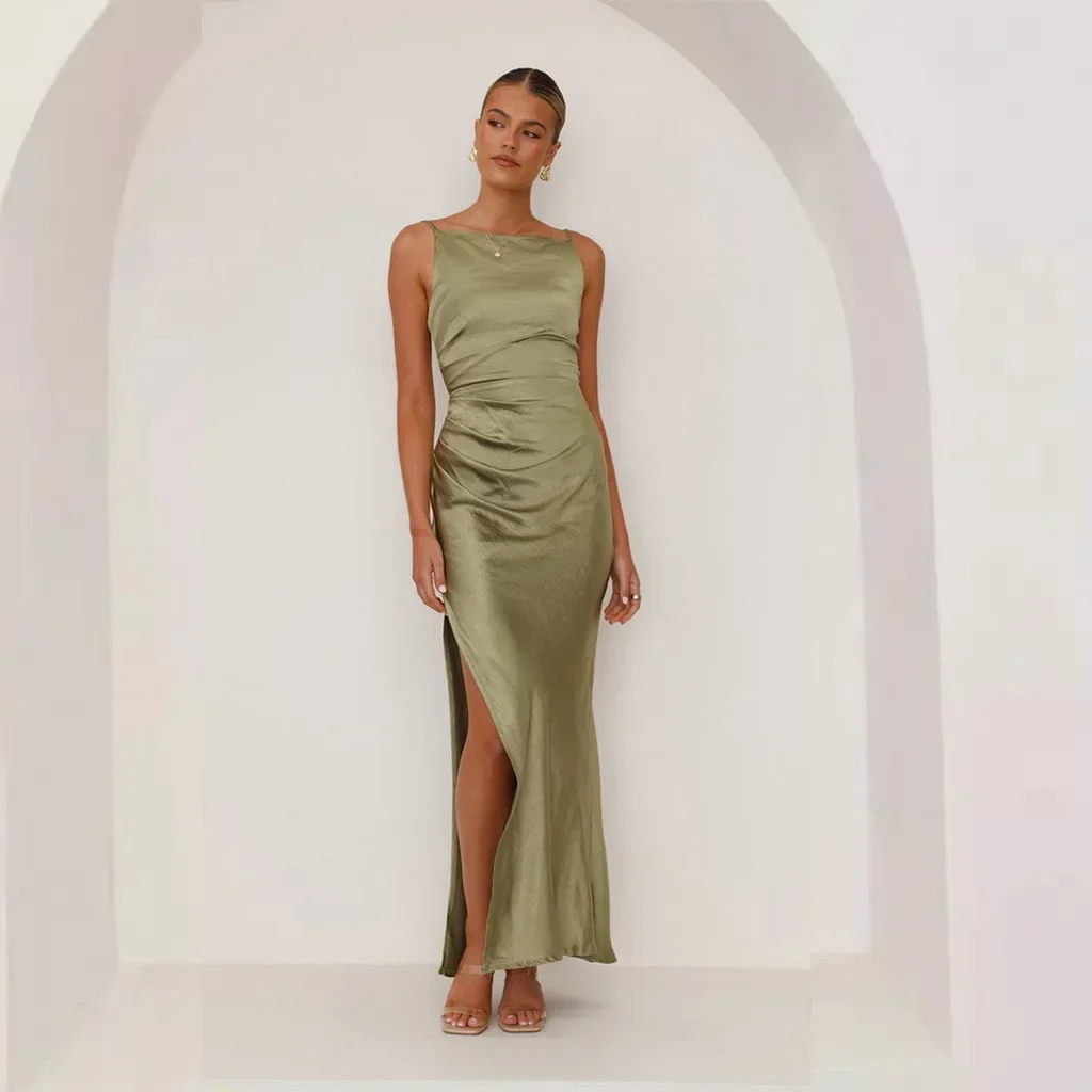 Women's Satin Spaghetti Strap Maxi Dress Ruched Waist Slit Elegant Evening Gown Vintage Solid Color Slim Fit Party Dresses