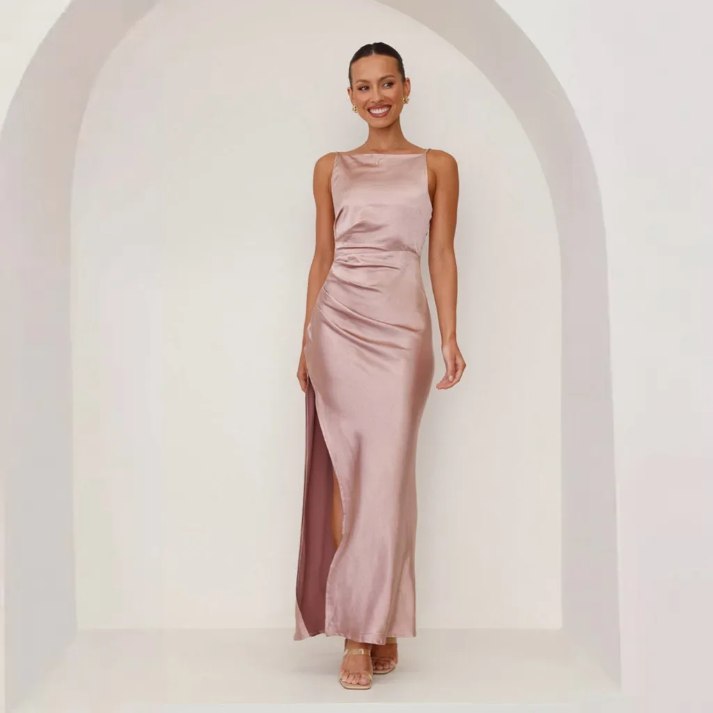 Women's Satin Spaghetti Strap Maxi Dress Ruched Waist Slit Elegant Evening Gown Vintage Solid Color Slim Fit Party Dresses