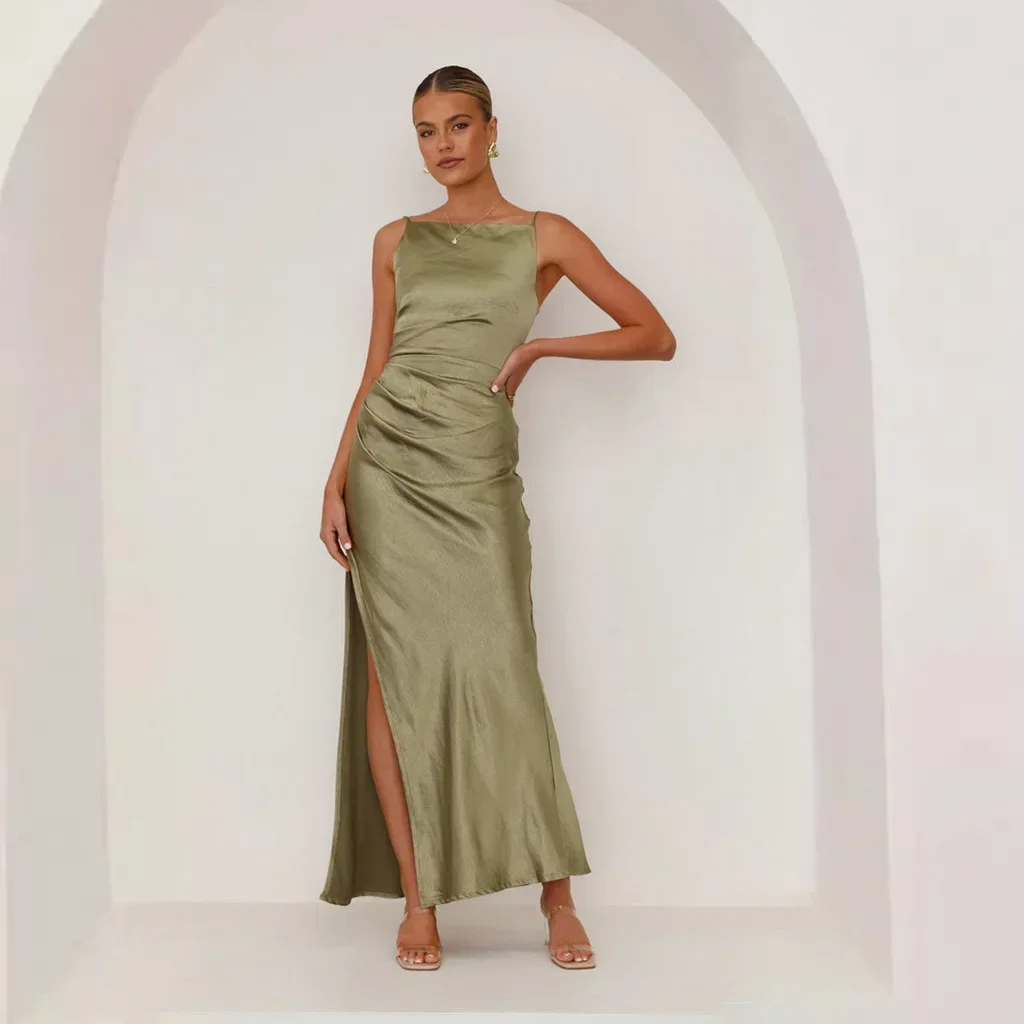 Women's Satin Spaghetti Strap Maxi Dress Ruched Waist Slit Elegant Evening Gown Vintage Solid Color Slim Fit Party Dresses