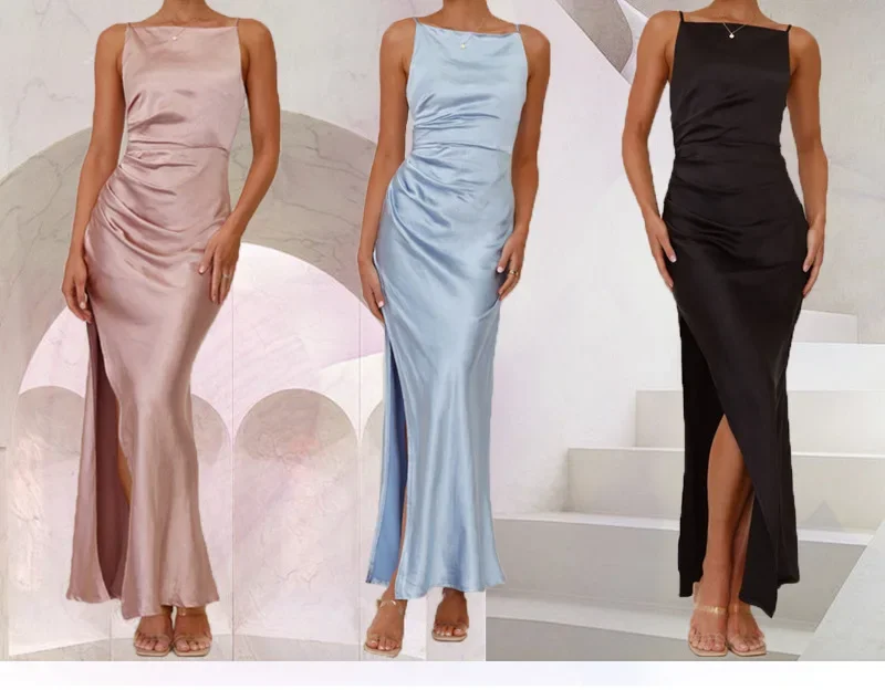 Women's Satin Spaghetti Strap Maxi Dress Ruched Waist Slit Elegant Evening Gown Vintage Solid Color Slim Fit Party Dresses