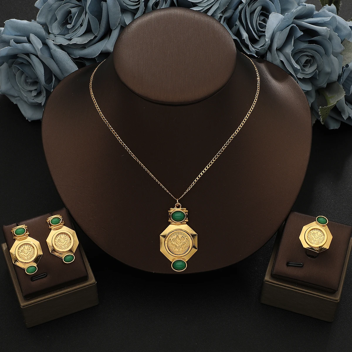Vintage Gold Coin Pendant Necklace Set with Green Gemstone Earrings & Ring Arab Style Jewelry for Women, Party Wedding Gift