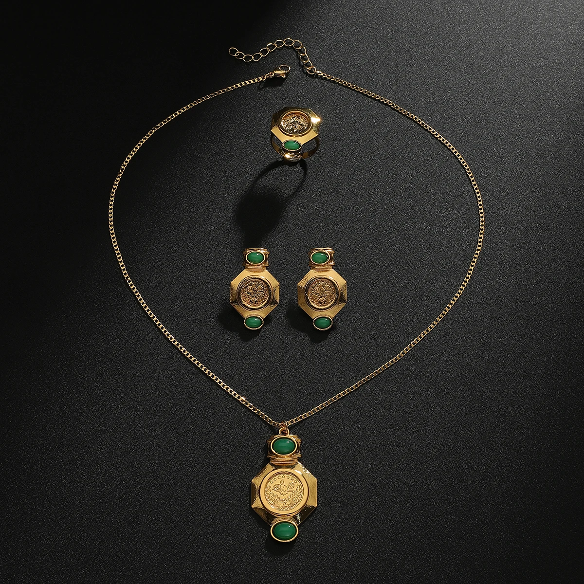 Vintage Gold Coin Pendant Necklace Set with Green Gemstone Earrings & Ring Arab Style Jewelry for Women, Party Wedding Gift
