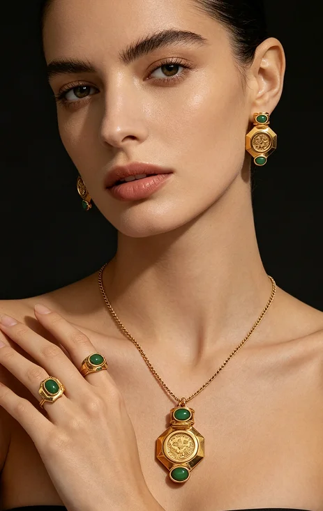 Vintage Gold Coin Pendant Necklace Set with Green Gemstone Earrings & Ring Arab Style Jewelry for Women, Party Wedding Gift