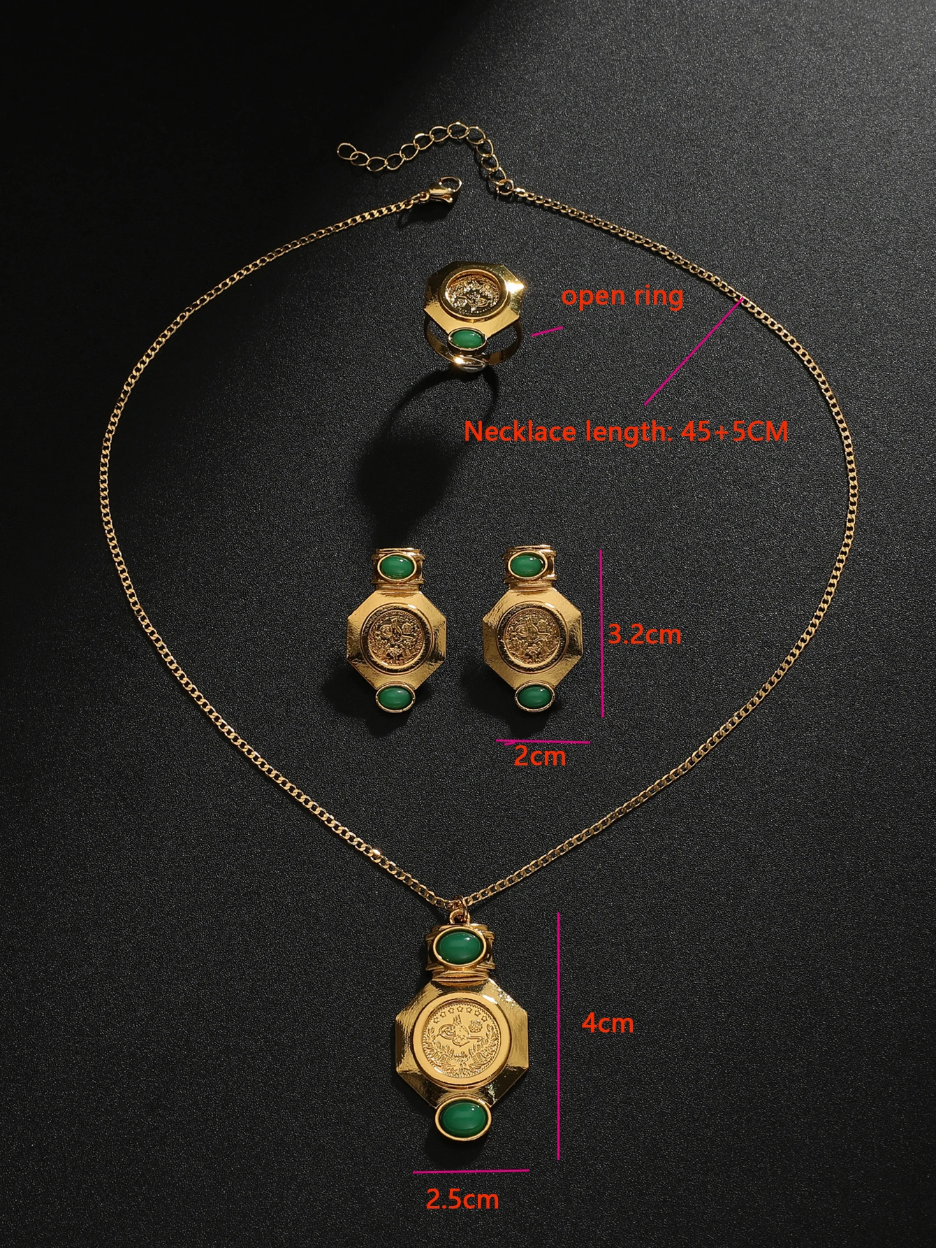Vintage Gold Coin Pendant Necklace Set with Green Gemstone Earrings & Ring Arab Style Jewelry for Women, Party Wedding Gift