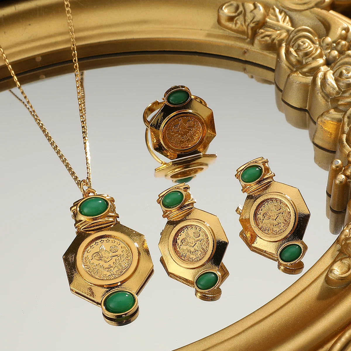 Vintage Gold Coin Pendant Necklace Set with Green Gemstone Earrings & Ring Arab Style Jewelry for Women, Party Wedding Gift