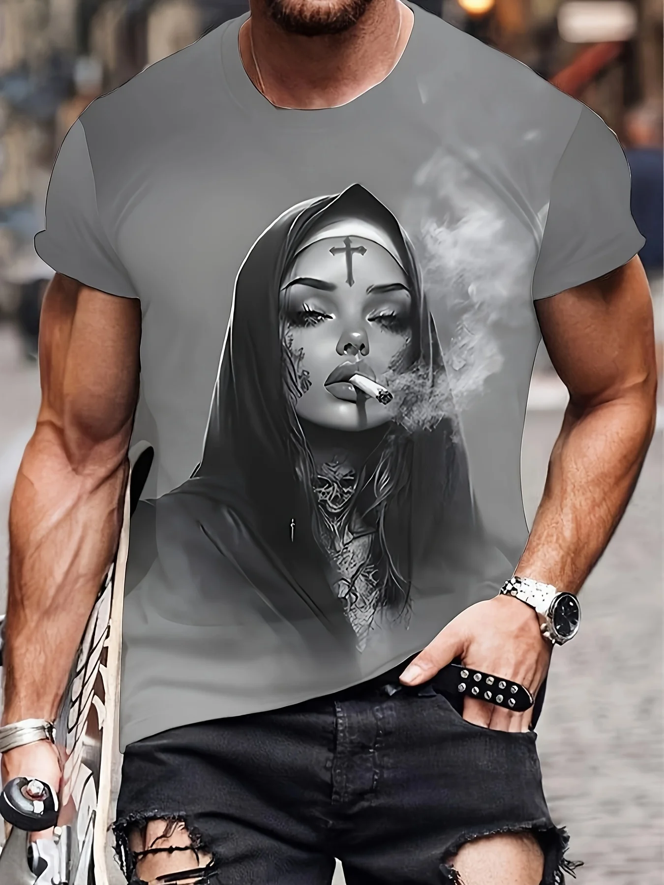 Smoking Nun Pattern 3D Print Sporty QuickDry Breatha Men Women TShirt Street Casual Fashion Retro Parent-child Short Sleeve Top