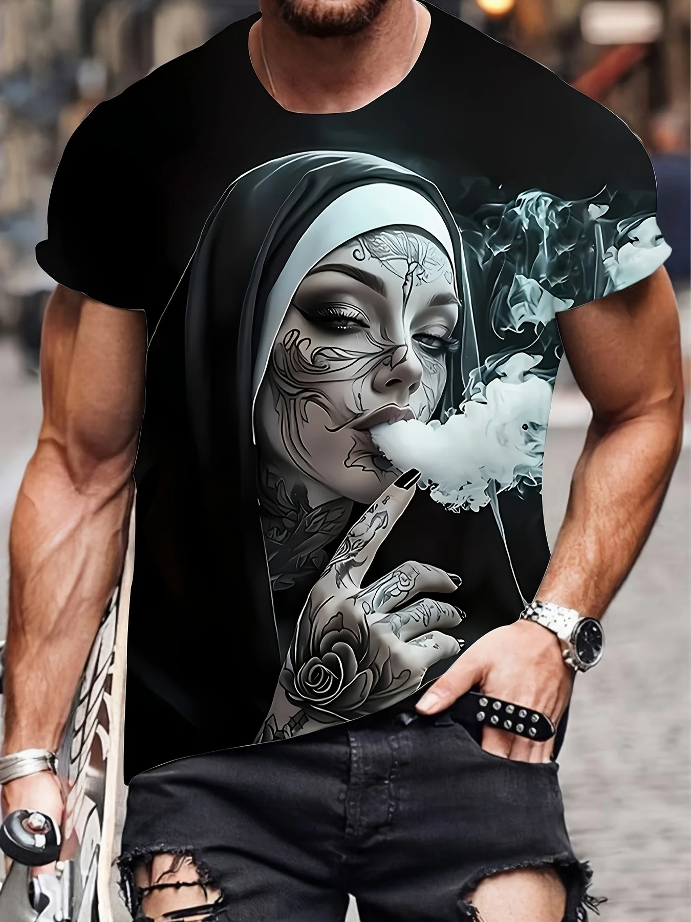 Smoking Nun Pattern 3D Print Sporty QuickDry Breatha Men Women TShirt Street Casual Fashion Retro Parent-child Short Sleeve Top