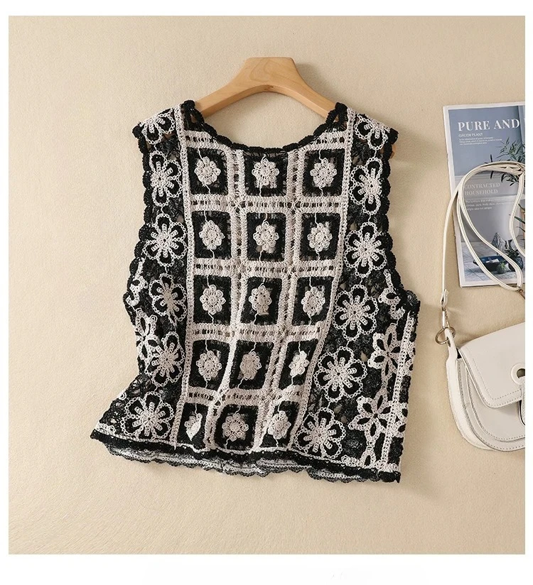 Granny Square Crochet Knit Blouse Tip Up Floral Lace Vest Women Openwork Knitted Sleeveless Waistcoat Summer Boho Beach Cover Up
