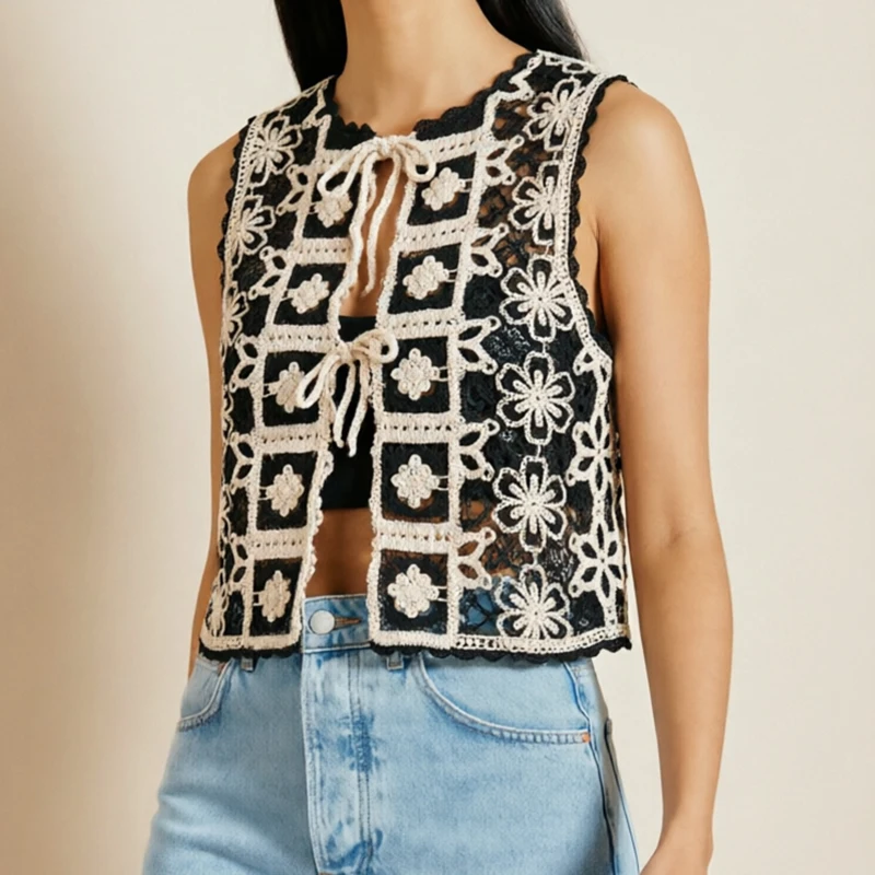 Granny Square Crochet Knit Blouse Tip Up Floral Lace Vest Women Openwork Knitted Sleeveless Waistcoat Summer Boho Beach Cover Up