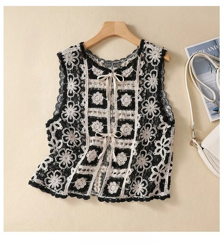 Granny Square Crochet Knit Blouse Tip Up Floral Lace Vest Women Openwork Knitted Sleeveless Waistcoat Summer Boho Beach Cover Up