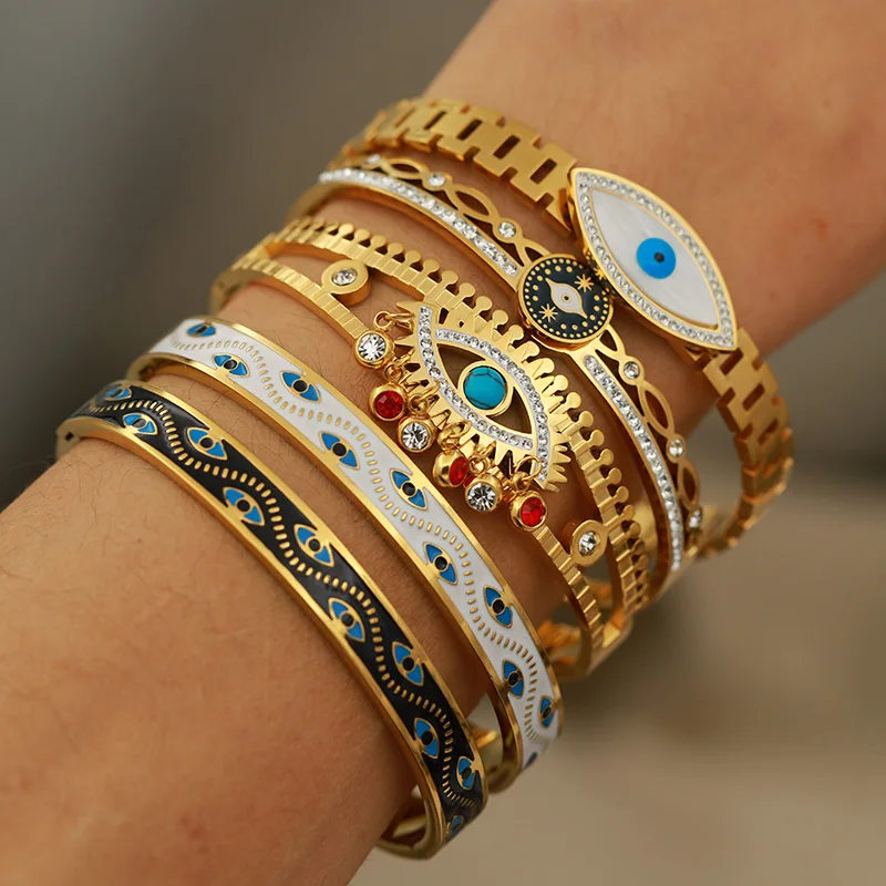Stainless Steel Metal Oil Eyes Bangles&bracelets for Women Fashion Brand Jewelry Classic Crystal Tassel Bangles Accessories