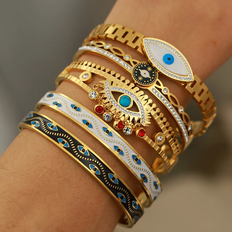 Stainless Steel Metal Oil Eyes Bangles&bracelets for Women Fashion Brand Jewelry Classic Crystal Tassel Bangles Accessories