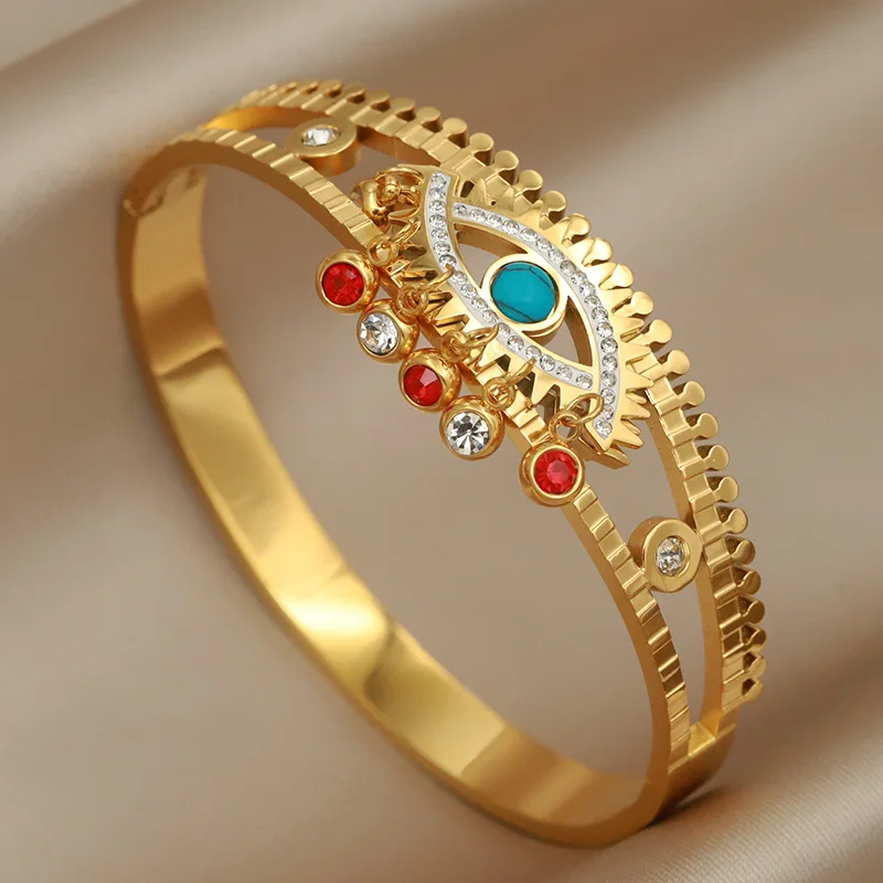 Stainless Steel Metal Oil Eyes Bangles&bracelets for Women Fashion Brand Jewelry Classic Crystal Tassel Bangles Accessories
