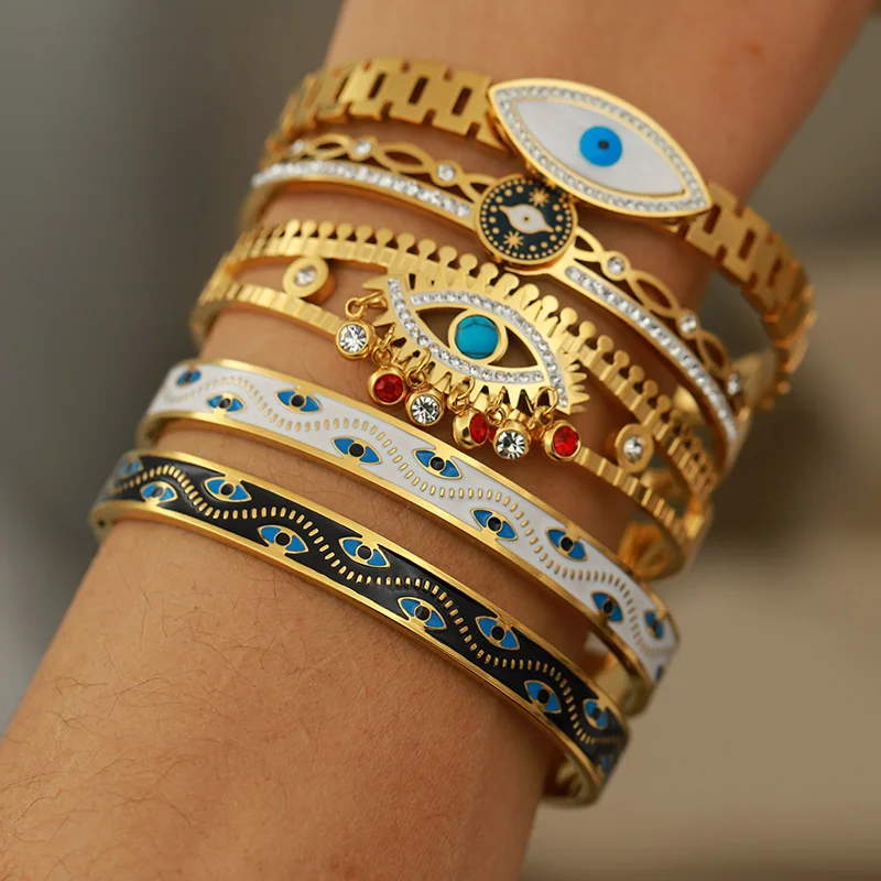 Stainless Steel Metal Oil Eyes Bangles&bracelets for Women Fashion Brand Jewelry Classic Crystal Tassel Bangles Accessories