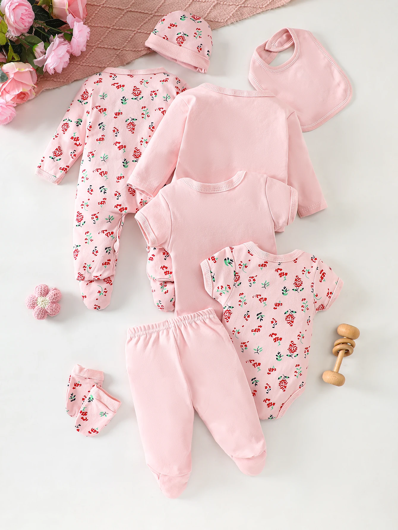 8-Piece Newborn Baby Romper Set, Soft and Breathable with Cute Pink Deer Pattern, Suitable for Babies Aged 0-9 Months.