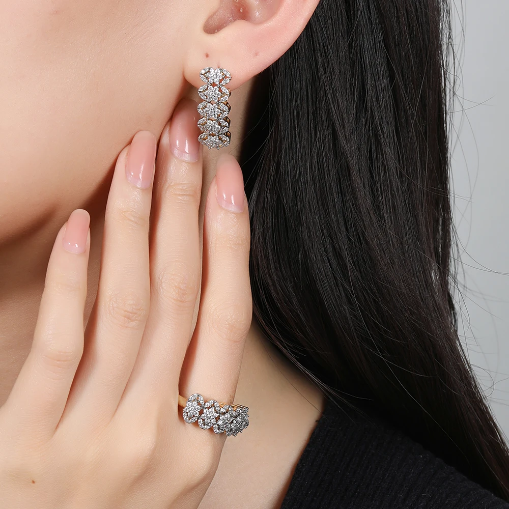 Clustered row zircon earrings and rings set copper plated 14K two-color gold banquet wedding accessories birthday gift