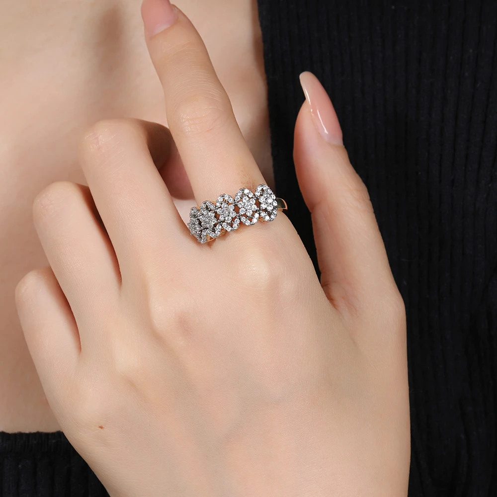 Clustered row zircon earrings and rings set copper plated 14K two-color gold banquet wedding accessories birthday gift
