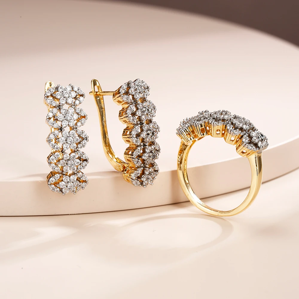 Clustered row zircon earrings and rings set copper plated 14K two-color gold banquet wedding accessories birthday gift