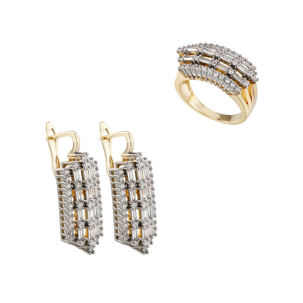 French light luxury inlaid baguette earrings and rings two-tone set, versatile jewelry for workplace commuting and banquets
