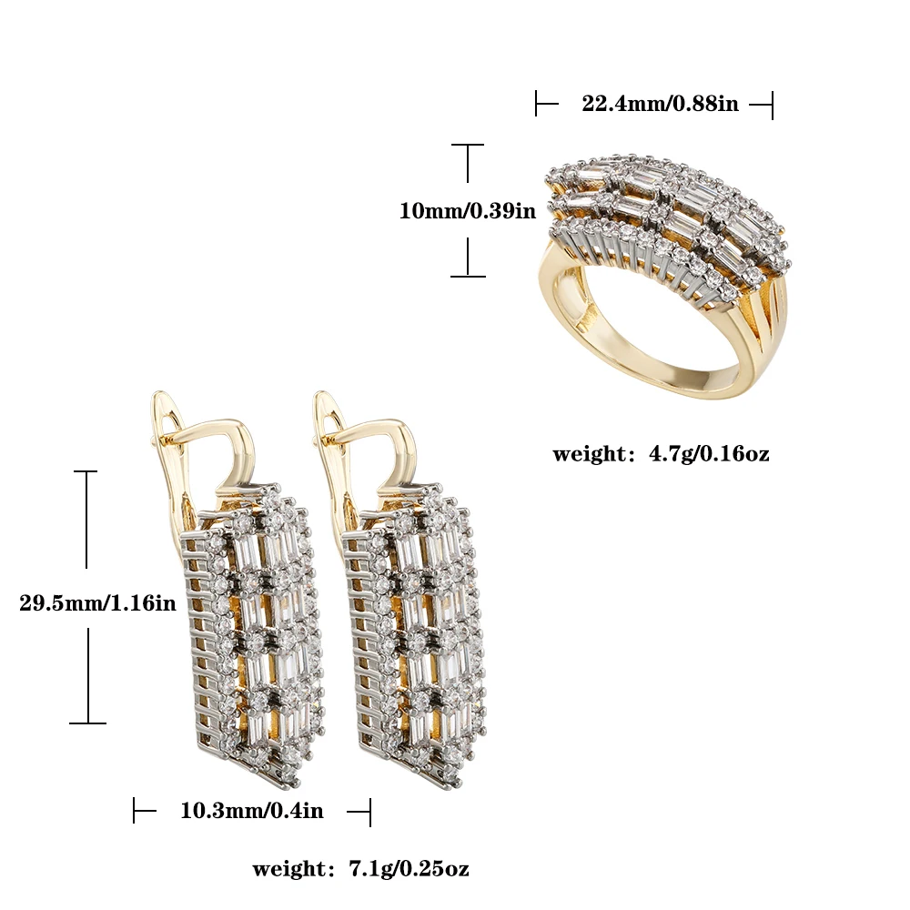 French light luxury inlaid baguette earrings and rings two-tone set, versatile jewelry for workplace commuting and banquets