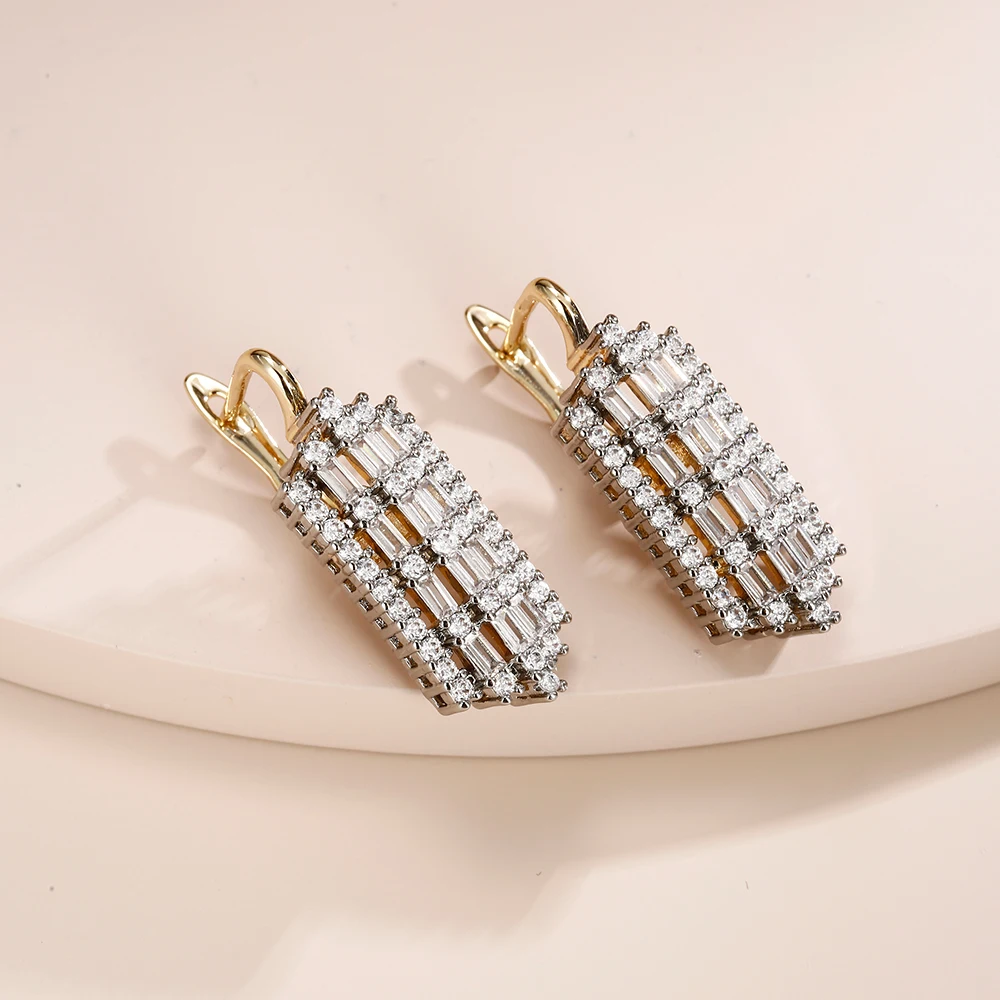 French light luxury inlaid baguette earrings and rings two-tone set, versatile jewelry for workplace commuting and banquets