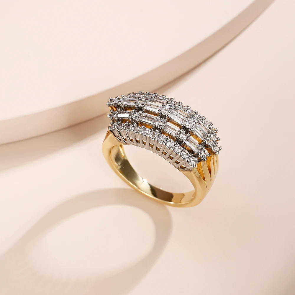 French light luxury inlaid baguette earrings and rings two-tone set, versatile jewelry for workplace commuting and banquets