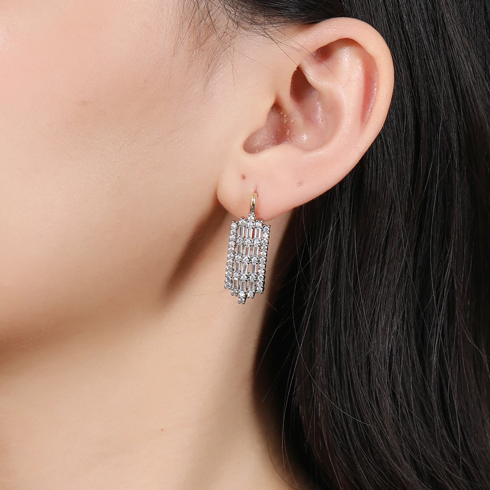 French light luxury inlaid baguette earrings and rings two-tone set, versatile jewelry for workplace commuting and banquets