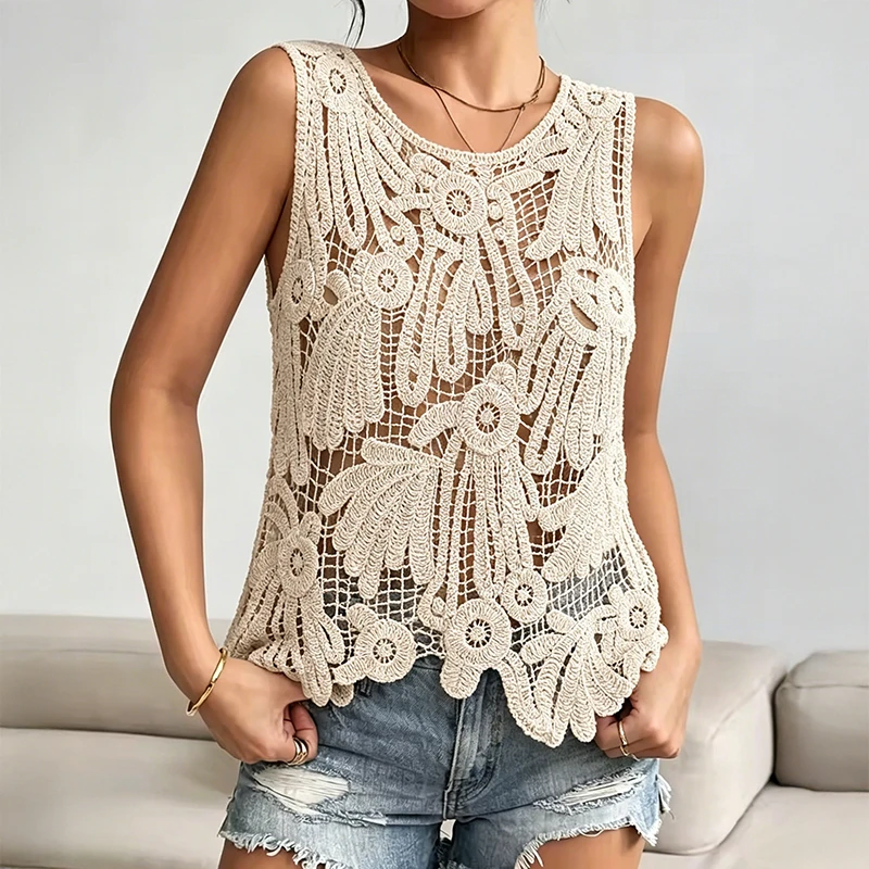Sequin Crochet Lace Tank Top for Women Sleeveless Paisley Embroidered Hollow-out Open Knitted Blouse Summer Beach Boho Cover-up