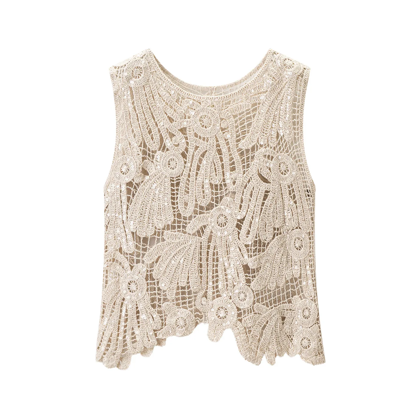 Sequin Crochet Lace Tank Top for Women Sleeveless Paisley Embroidered Hollow-out Open Knitted Blouse Summer Beach Boho Cover-up