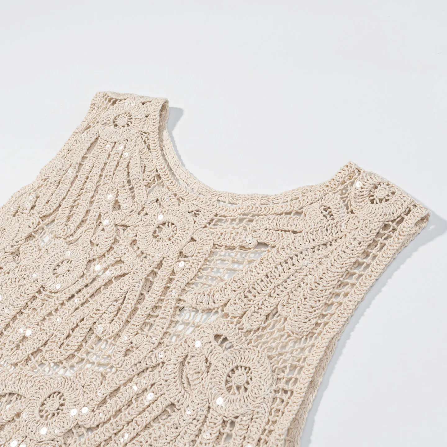 Sequin Crochet Lace Tank Top for Women Sleeveless Paisley Embroidered Hollow-out Open Knitted Blouse Summer Beach Boho Cover-up