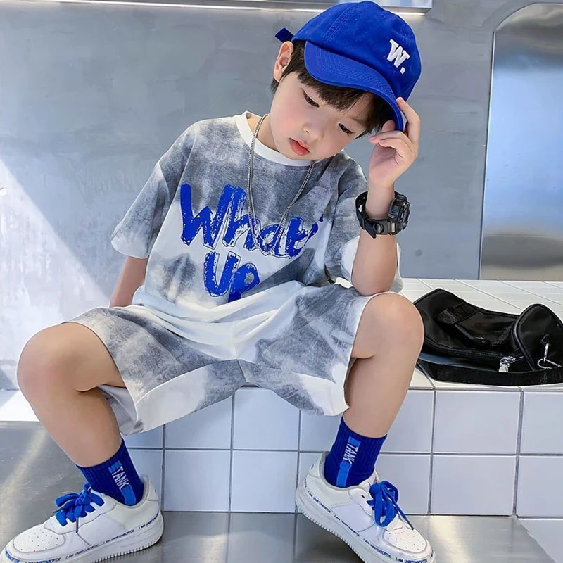 Kids Summer T-shirt+Shorts 2-piece Clothes Set Korean Style Cute Fashion Handsome Letter Print Casual Sports Jersey Suit 1-12 Y