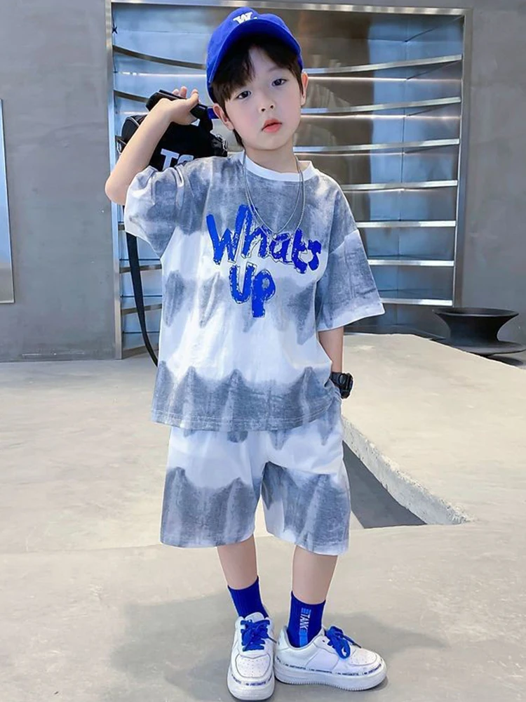 Kids Summer T-shirt+Shorts 2-piece Clothes Set Korean Style Cute Fashion Handsome Letter Print Casual Sports Jersey Suit 1-12 Y