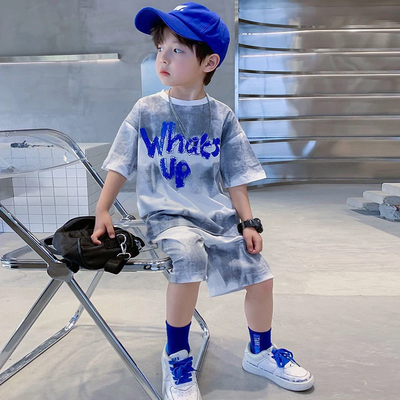 Kids Summer T-shirt+Shorts 2-piece Clothes Set Korean Style Cute Fashion Handsome Letter Print Casual Sports Jersey Suit 1-12 Y