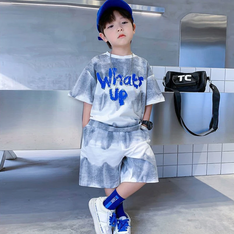 Kids Summer T-shirt+Shorts 2-piece Clothes Set Korean Style Cute Fashion Handsome Letter Print Casual Sports Jersey Suit 1-12 Y