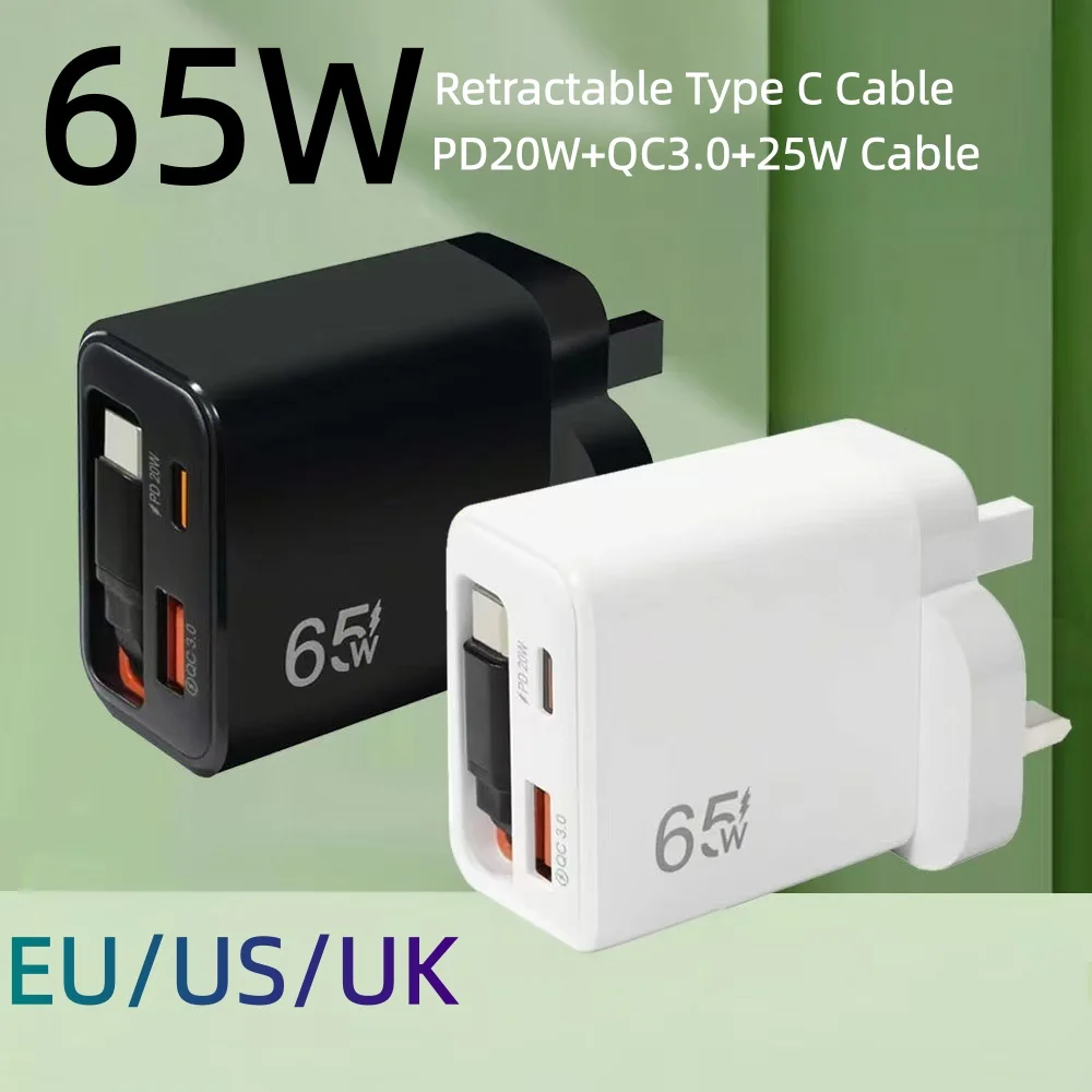 65W GaN Super Fast Charger Type C EU US UK Plug Retractable USB C Cable For iPhone15 16 17 Pro Xiaomi Samsung POCO Huawei Realme