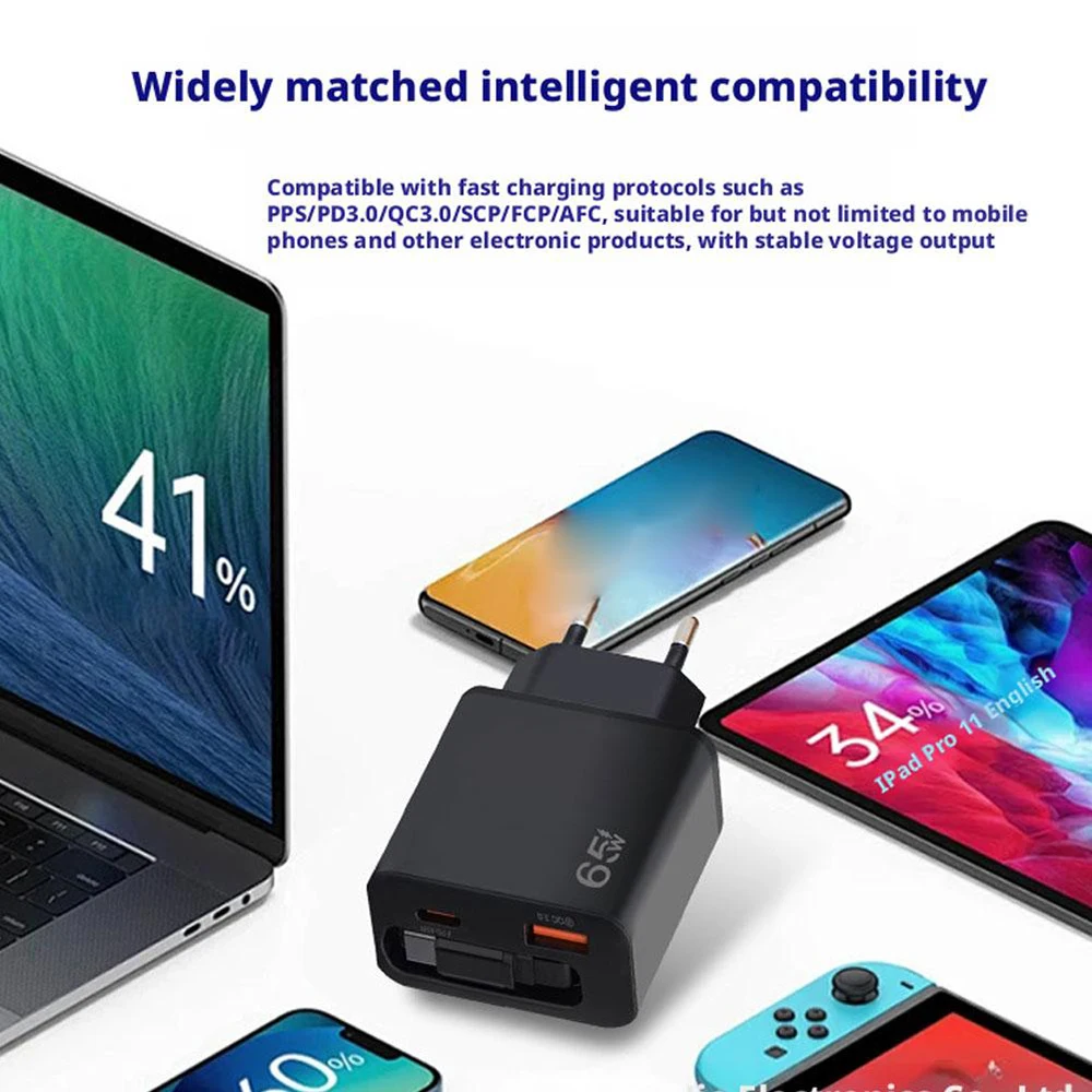 65W GaN Super Fast Charger Type C EU US UK Plug Retractable USB C Cable For iPhone15 16 17 Pro Xiaomi Samsung POCO Huawei Realme