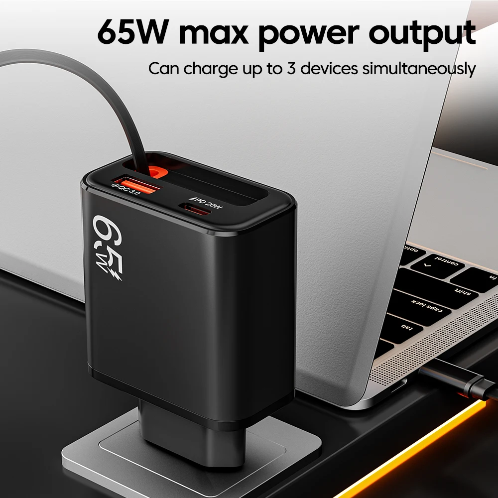 65W GaN Super Fast Charger Type C EU US UK Plug Retractable USB C Cable For iPhone15 16 17 Pro Xiaomi Samsung POCO Huawei Realme